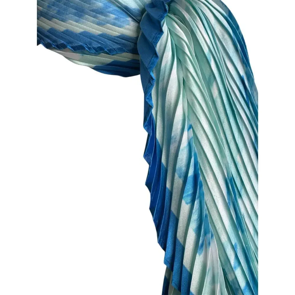 Vintage Blue Ombre Pleated Scarf Accordion Chiffon Lightweight Coastal Wrap